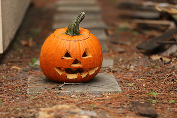 halloween jack o' lantern outside on a path