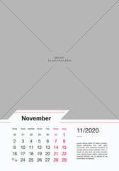11 - NOVEMBER 2020. Modern Calendar 2020 Vector Print Template. Vertical Calendar 2020 Concept. Copy Space for Picture or Photo.