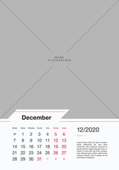 12 - DECEMBER 2020. Modern Calendar 2020 Vector Print Template. Vertical Calendar 2020 Concept. Copy Space for Picture or Photo.