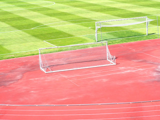 Goal frames arranged on a soccer field.