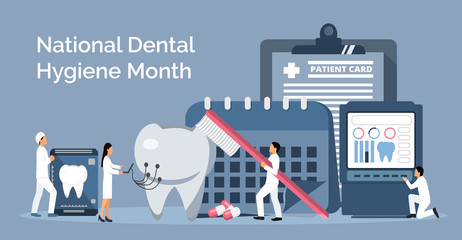 National Dental Hygiene Month celebrated in October. Tiny dentists make x-ray scan of teeth to help toothache