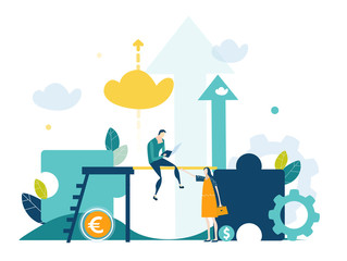 Young businessman, student solving the problem. Man sitting on the rope which connect ladder and puzzle pieces. 