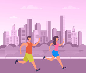 Fototapeta na wymiar Sporty people characters man and woman running public park. Vector flat graphic design cartoon illustration