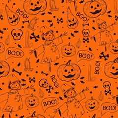 Seamless pattern on the theme of Halloween. Background for packaging. Hand-drawn illustration.