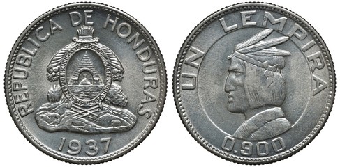 Honduras Honduran silver coin 1 one lempira 1937, arms in center, date below, bust of Indian left,