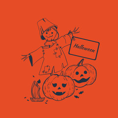 Postcard with a Scarecrow, pumpkin Jack, candle, candy on Halloween. Hand-drawn illustration, vector