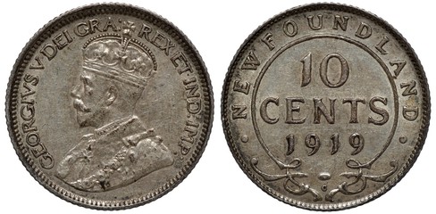 British Newfoundland silver coin 10 ten cents 1919, bust of King George V in mantle left, denomination and date,