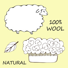 Natural Wool, vector illustration. comb with wavy hair. sheep's wool. leaf of a plant