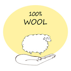 white sheep on a background of a peach oval. hand holds a soaring sheep