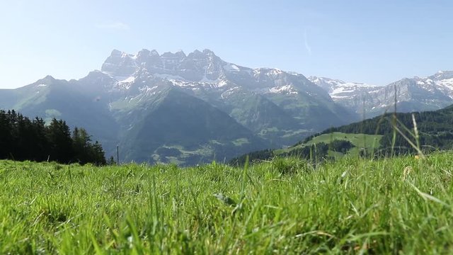 Beautiful Alps view to the green fields and mountains