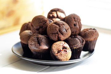 Chocolate muffin on a table closeup