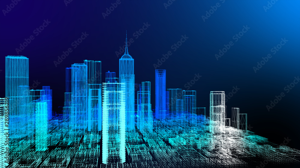 Wall mural 3d skyscraper building simulation hud digital screen display smart financial business city analyze d