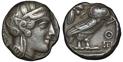 Illyria and Central Greece – Attica silver coin tetradrachm 454-404 BC, helmeted head of Athena...