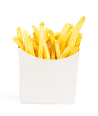 French fries in white paper cup isolated on white background with clipping path