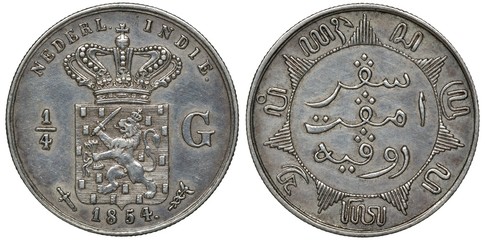 Netherland East Indies silver coin 1/4 quarter gulden 1854, lion with sword and bundle of arrows...