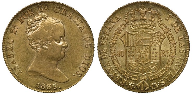 Spain Spanish golden coin 80 eighty reales 1835, head of Queen Isabel II right, coat of arms, crowned shield with tower and lion surrounded by order chain