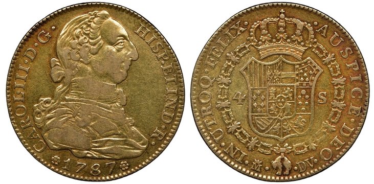 Spain Spanish golden coin 4 four escudos 1787, bust of King Charles III right, crowned shield with designs surrounded by order chain, 