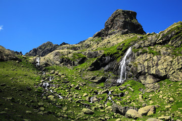 Waterfall near Lake Okhodje (2543 m). The Caucasus
