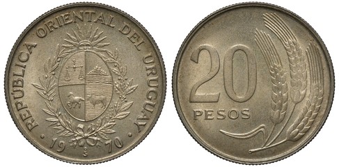 Uruguay Uruguayan coin 20 twenty pesos 1970, oval shield with scales, horse and cow flanked by sprigs, radiant sun above, denomination left to grain stalks,