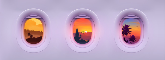 Airplane windows with tropical Bali island landmarks and palm trees colorful views. Editable vector illustration for banners and posters - obrazy, fototapety, plakaty