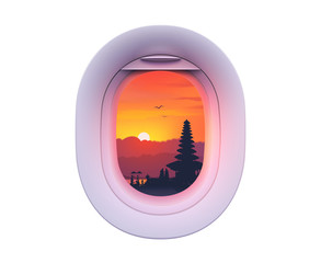 Single plane window with Asian landscape in it, colorful vector illustration isolated on white background - 289857215