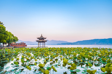 Early morning scenery of West Lake Hangzhou Zhejiang China