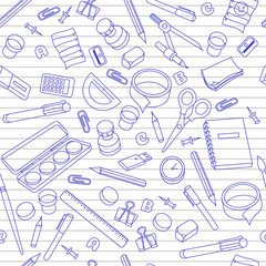 School supplies blue outlines on white background with lines back to school seamless pattern