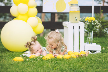 Little cute kids, two girls, beautiful and happy on the green grass with balloons and lemonade