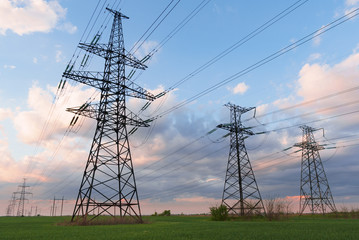 High voltage lines and power poles and green agricultural landscape during sunrise.