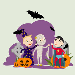 Funny boys in scary costume mummies, wizard and super hero for celebrating Halloween.Cemetery with tombstones, crosses, bats and carved pumpkins. Trick or treat. Vector