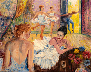 Oil painting of young ballerinas dressed in tutu skirts in their studio.