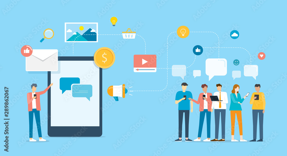 Poster group people communicate and contact to business by mobile application and social network concept