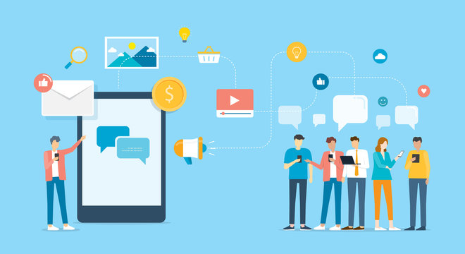 Group people Communicate and contact to business  by mobile application and social network concept 