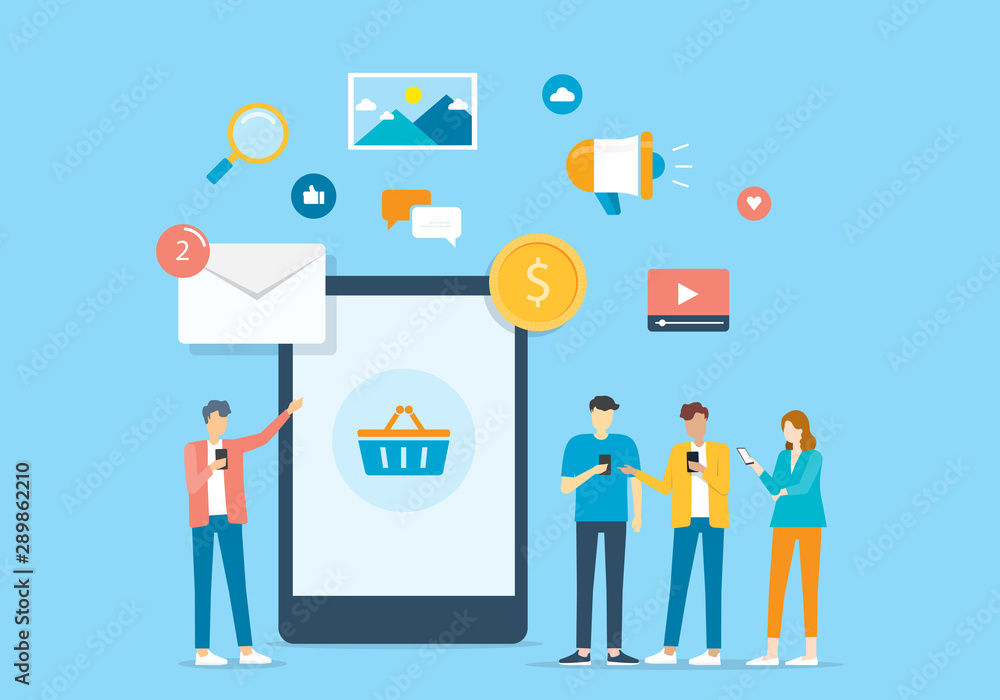 Poster group people use mobile application connection to business concept