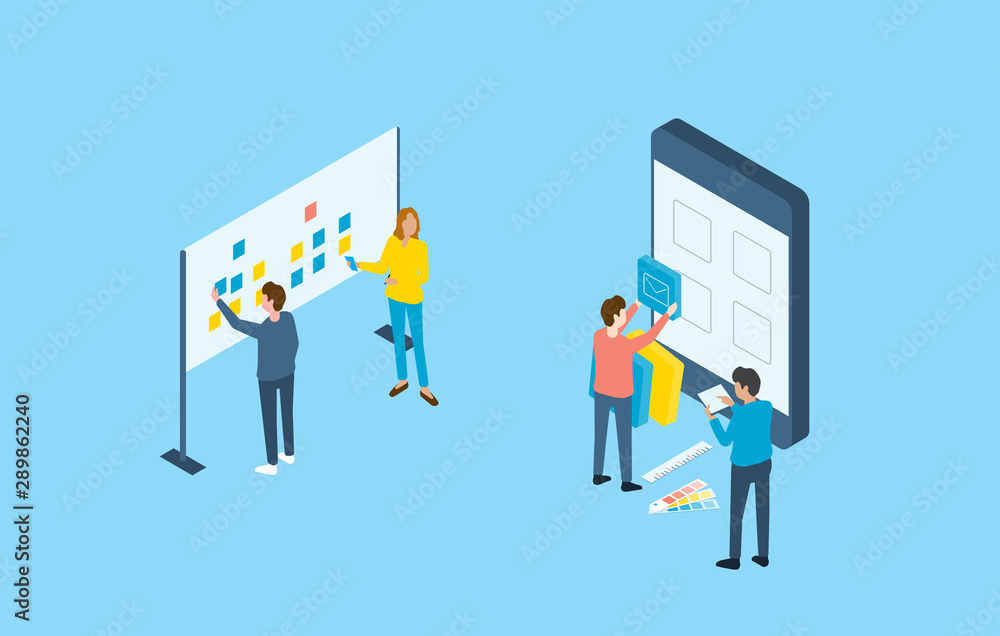 Poster Flat design mobile application and web design development process concept and group business team working