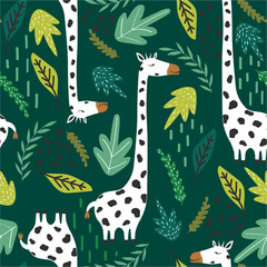 Żyrafy, liście, ręcznie rysowane tło. Kolorowy wzór ze zwierzętami. Ozdobne słodkie tapety, dobre do drukowania. Nakładające się tło wektor. Ilustracja projektu - 289862627
