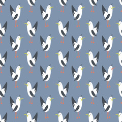 Seamless pattern, birds, hand drawn overlapping backdrop. Colorful background vector. Cute illustration, seagulls. Decorative wallpaper, good for printing