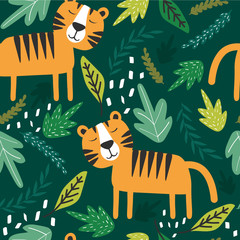 Tigers, leaves, hand drawn backdrop. Colorful seamless pattern with animals. Decorative cute wallpaper, good for printing. Overlapping background vector. Design illustration