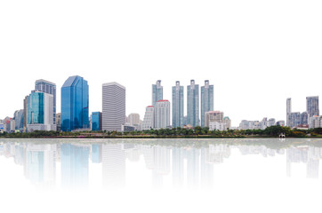 high modern building city isolated on white background clipping path nearby the park in central city at morning with reflection.