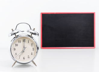 Chalkboard mock up and Silver alarm clock
