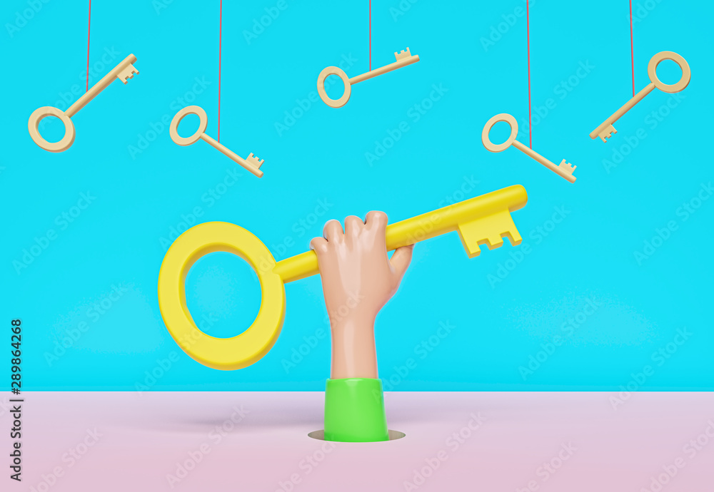 Poster hand holding a key and many hanging keys. conceptual composition. 3d rendering