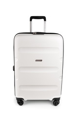 Plastic travel suitcase. White suitcase isolated on white background. Polycarbonate suitcase isolated on white. White suitcase.