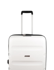Plastic travel suitcase. White suitcase isolated on white background. Polycarbonate suitcase isolated on white. White suitcase.