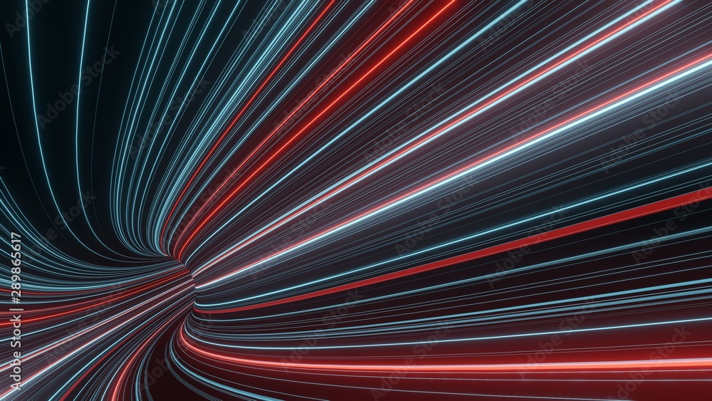 Poster 3d rendering of abstract fast moving stripe lines with glowing sun light flare. high speed motion bl