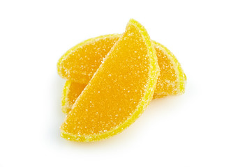 Marmalade isolated on white background. Jelly candy's. Dessert marmalade in the form of lemon and orange slices. The sweetness of jelly candy yellow and orange.