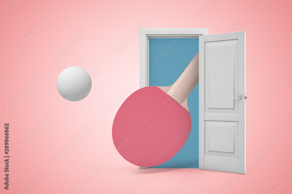 Poster 3d rendering of big ping-pong racket and ball emerging from open door on pink background.