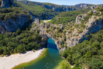 Aerial view of Narural arch in Vallon Pont D'arc in Ardeche canyon in France