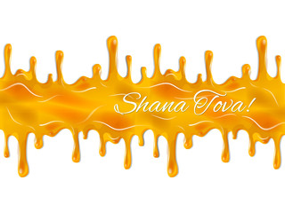 Greeting card Rosh Hashanah - Judaic holiday Jewish New Year. Vector illustration of melting honey flowing around text Shana Tova. Hebrew Have a sweet year. Honey drops vintage torah banner