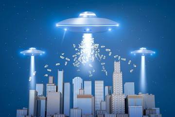 3d rendering of three silver metal ufo above city skyscrapers with dollars in the air on blue sky background © gearstd