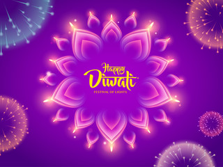 Happy Diwali with luminous flower Rangoli and fireworks. Indian festival of lights.
